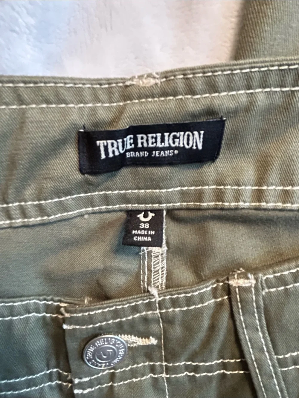 True Religion Men's Olive Cargo Pants with White Contrast Stitching